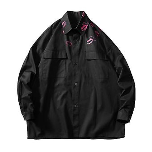 Skjortejakke med revers, lange ermer, klafflommer, enkeltradet, for menn, vår/høst, kyssetrykk, casual (XL svart)