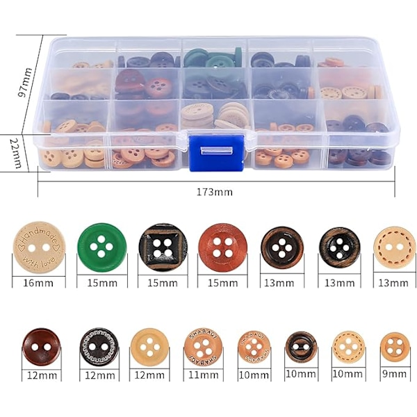 Blandade 225 träknappar handgjorda DIY skjortknappar 13mm15mm multi-storlek