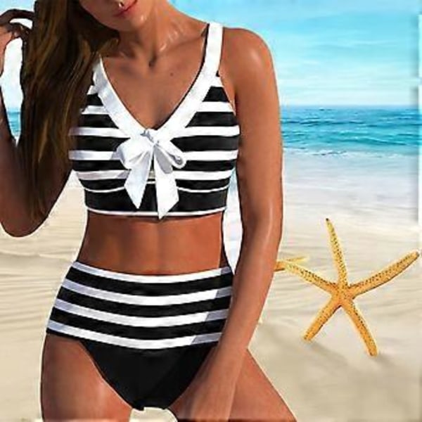 Dame Skulderstrop Badedragt med Gråt Hvidstribet Print Bikini Kort Tank Top Badedragt (S grå)