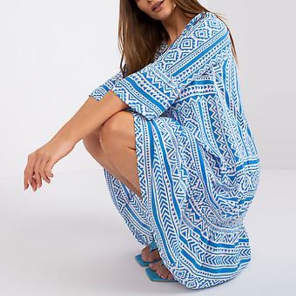 V-hals Lang Kjole til Kvinder 3/4 Ærme Åndbar Mode Løstsiddende Kant Print Kjole til Daglig Casual Fest (XL Blå)