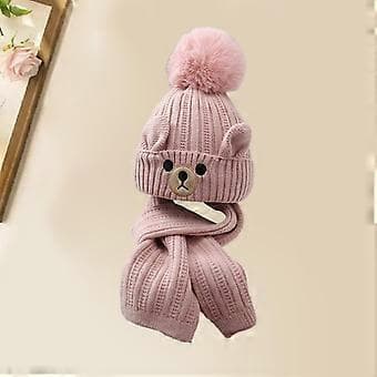 Vintermössa och halsduk för barn, stickad mössa varm för 3-9 år, kallt väder (Rosa)