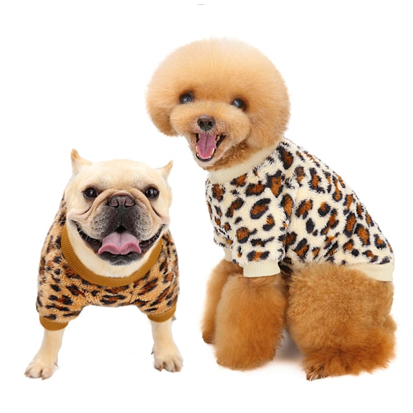 Husdjurskläder, tjock leopardmönstrade hundkläder, 2-delat hundfleeceklädesset, vitt, brunt, L