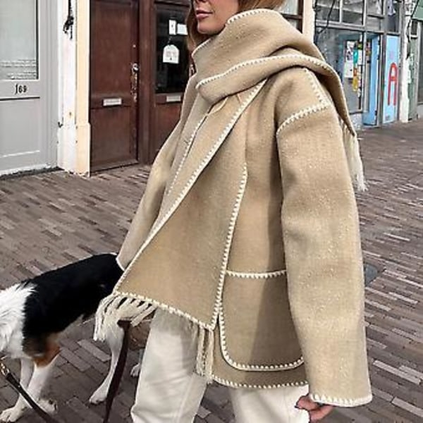 Mode Single-breasted Tassel Scarf Kavaj Fritids Tjock Långärmad Kavaj för Höst Vinter (S Svart eller Vit)