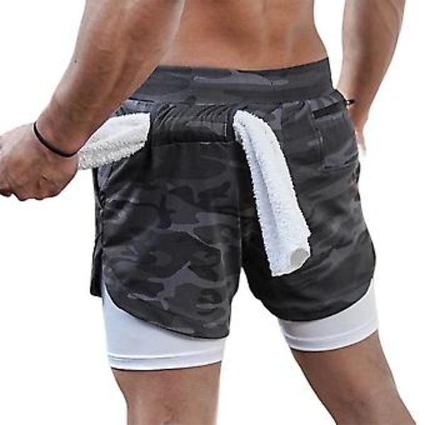 Herreløpeshorts Casual Utendørs Løse Multi-lomme Dobbeltlags Treningsshorts for Trening (XL 858 Grå Kamuflasje)