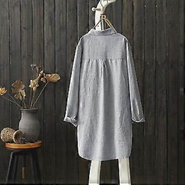 Forår og efterår broderi langærmet bomuld linned skjorte dame nålestribet kunst stor størrelse løs skjorte top dame (XXXXL blå)