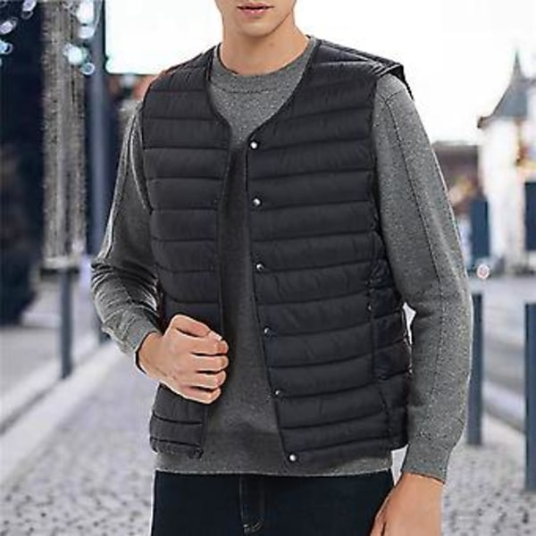 Herrar Vinterväst Enfärgad Vadderad Ärmlös Singelknäppt Cardigan Varm V-ringad Vindtät Vinterväst för Resa (2XL Vinröd)