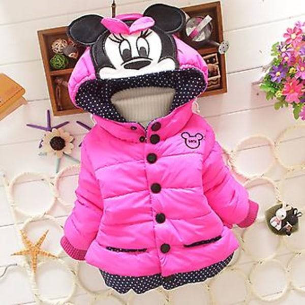 1-4 Years Girls Minnie Mouse Hooded Puffer Jacket Winter Fleece Lined Quilted Coat(2-3 Years Rose Red)