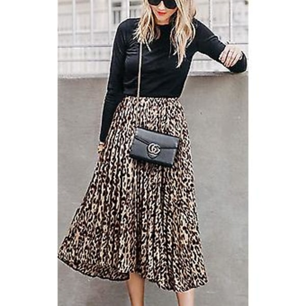 Damekjole Leopard Print Midi Lang Skjørt Høy Midje A-Linje Skjørt S-2xl S