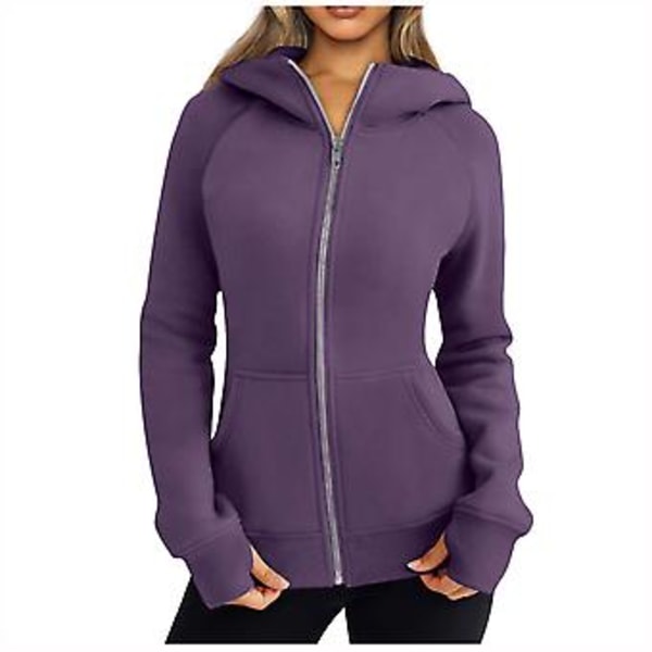 Dragkedja Hoodie för Kvinnor Fleecejackor Tröjor Höstkläder Tröjor Med Fickor Vinter Y2k Kläder XL Lila