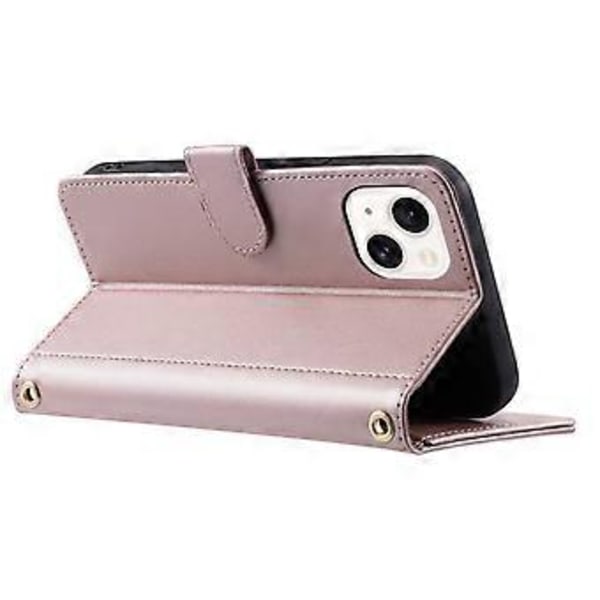 Läderfodral till iPhone 14 Rombmönstrat Plånboksfodral (Roséguld)