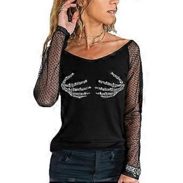 Dame Mesh Langærmet Skjorte Casual Rundhals Sheer Mesh Polka Dot Bluser Toppe (L farve 04)