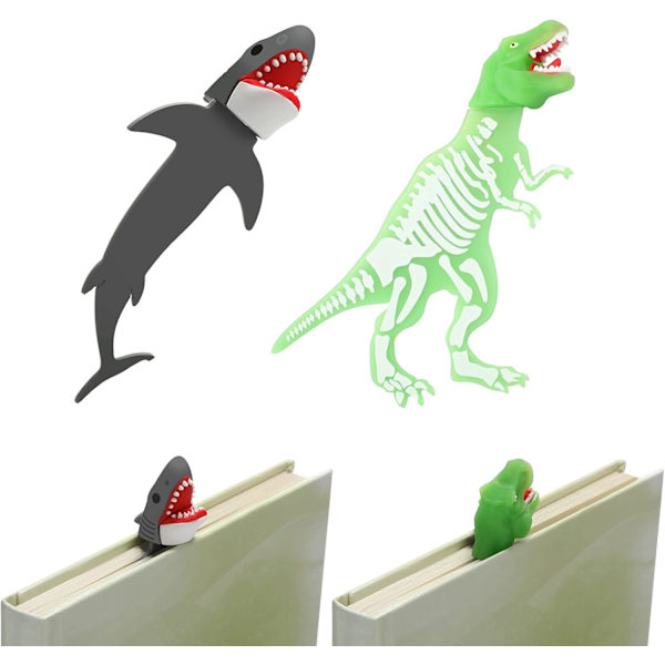 2 kappaletta hain kirjanmerkki lapsille pojille dinosaurus kirjanmerkki jättiläinen viileä lasten 3D kirjanmerkit valaiseva 3D sarjakuvaeläin boo
