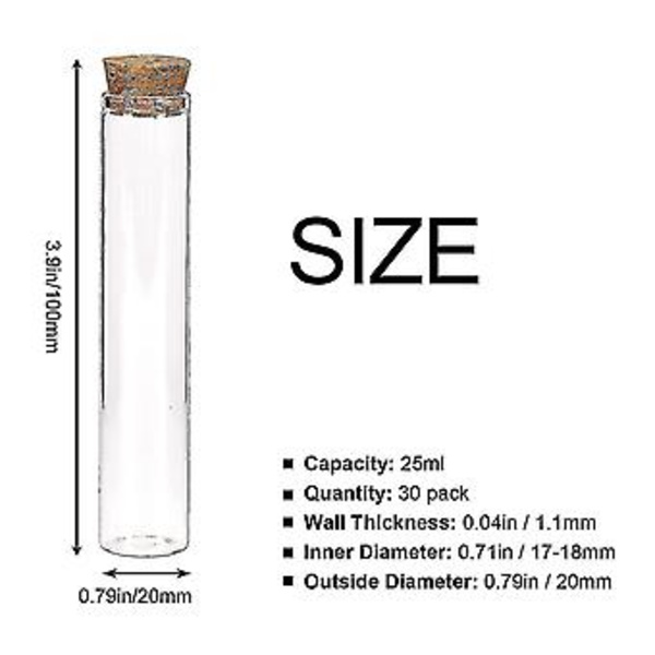 30 stk. 25 ml Glasprøveglas, 20 x 100 mm Klare Flade Prøveglas med Korkpropper til Videnskabelige Eksperimenter ( )
