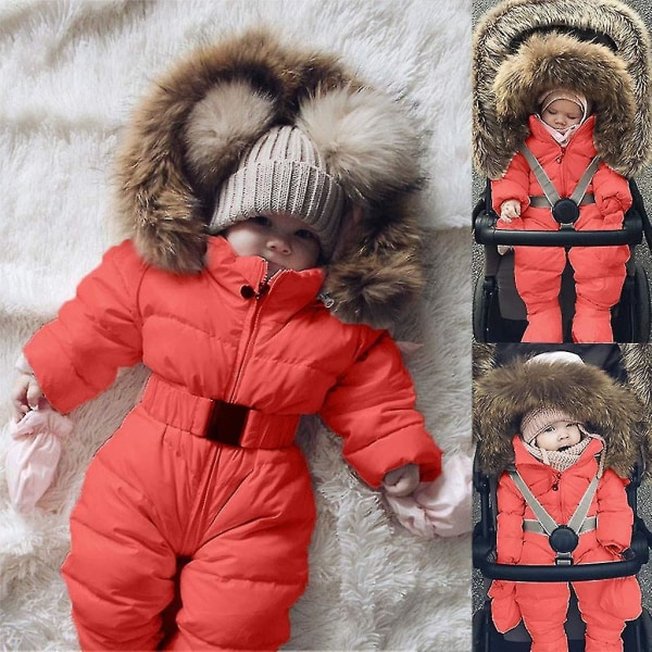 Unisex Baby Hooded Jumpsuit For 0-24 Months Boys Girls Jumpsuit Romper With Fur Collar Rose Red 70cm