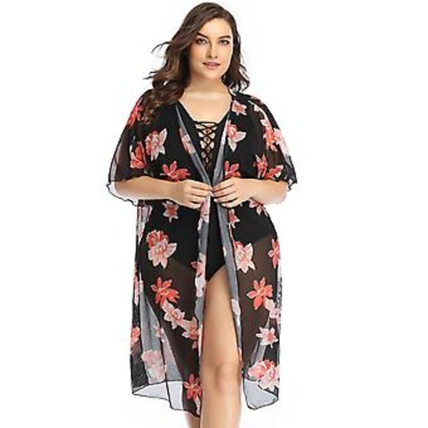 Piges badedragt bluse mesh blomsterprint sexet lang dame strand cover-up dame badetøj Sort baggrund med orange mønster