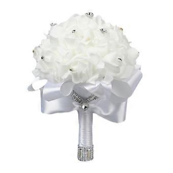 Konstgjord Brudbukett, Rosbukett för Brud Brudtärnor med Kristalldiamant Mjuka Band, Brudtärna Håller Blommor (vit)