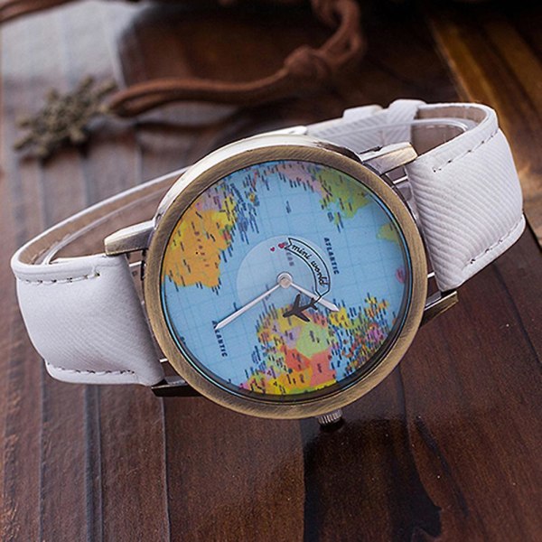 Farfi Women's World Map Dial Denim Fabric Strap Analog Quartz Students Wrist Watch Red