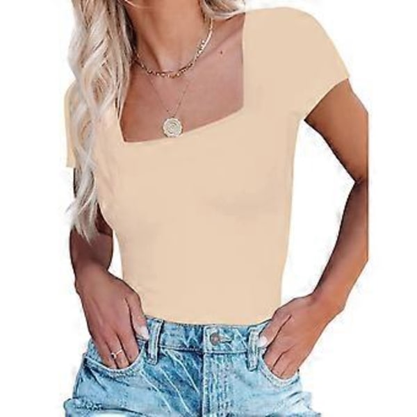 Korte Ærmer Bodysuit Kvinder Elegant Slim Fit Ren Farve Trykknap Bodysuit til Cocktail Party (XL Abrikos)