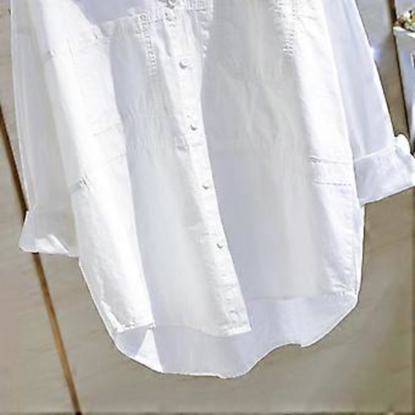 Ren Bomull Dobbel Lomme Hvit Skjorte Dame Langermet Bluse Vår Høst Topper Krage Knapper Uregelmessige Skjorter(XL hvit)