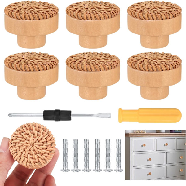 6 stycken trärattan möbelknoppar, lådhandtag, runda dörr