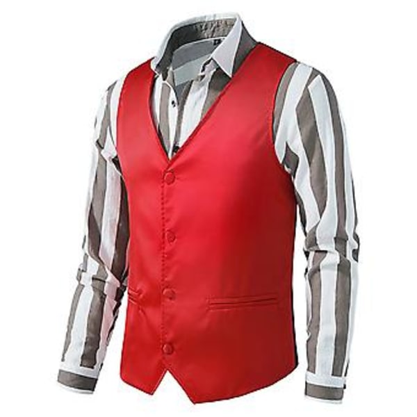 Herrar Solid V-ringad Casual Enkelknäppt Kostymväst Business Formal Kontorsväst Med Fickor (M Röd)
