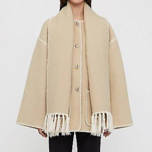 Mode Single-breasted Tassel Scarf Frakke Fritids Tyk Langærmet Frakke til Efterår Vinter (S Sort eller Hvid)