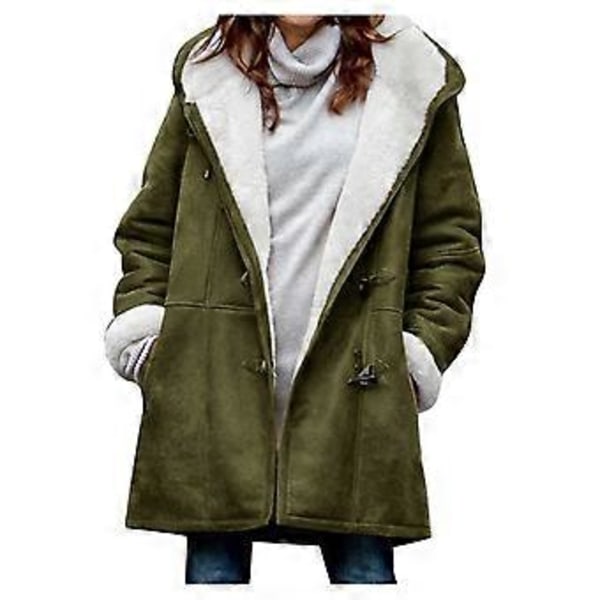 Dame Vinter Langærmet Tyk Plus Fløjl Hætte Casual Bomuld Varm Jakke Fleece Varm Frakke Hættetrøje Overtøj 1 stk (XL Grøn)