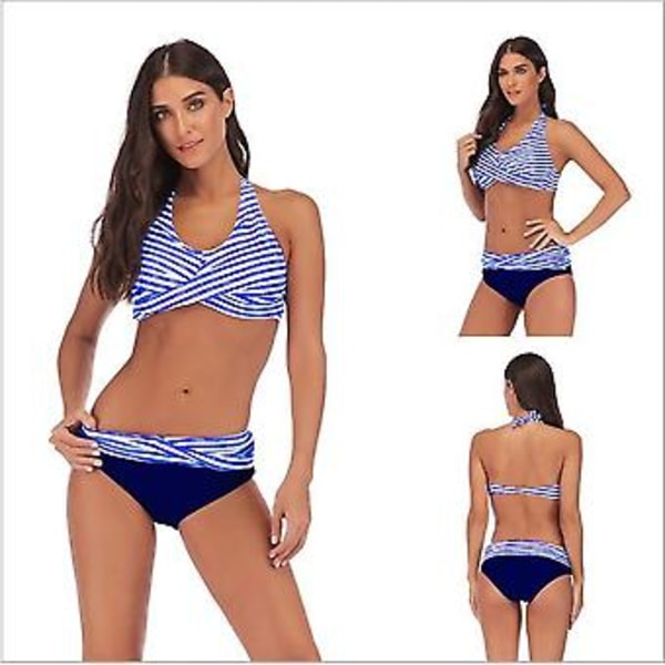Tjejers badkläder delad bikini sexig strand damernas badkläder 2xl Blå vit rand