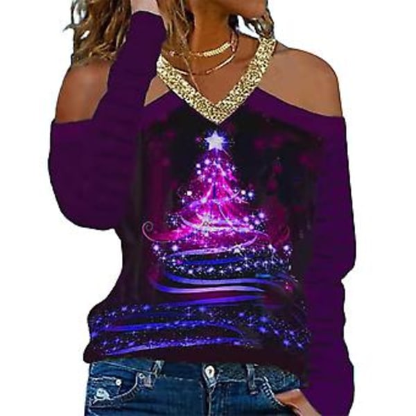 Julklappskjol med lång ärm och kall axel, tryckt blus topp (4XL Lila)