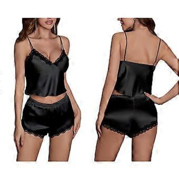 Strop Pyjamas og Shorts Sæt Blonder Pyjamas Sexy Justerbare Skulderstropper Pyjamas Top Dyb V-hals Strop Bh Lingeri Nattøj (M sort)