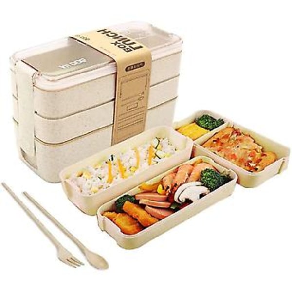 Madpakke Bento Box Snack Box Til Børn Og Voksne Med 3 Rum Lækagesikker Mikrobølgeovn (Beige)