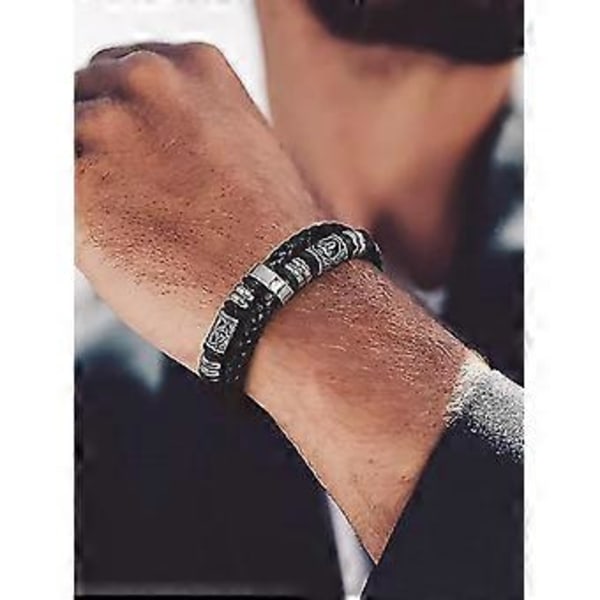 Mænds Dobbelt Række Sort Flettet Læder Armbånd Rustfrit Stål Perler Dobbelt Lag Læder Snøre Armbånd Armbånd Gave Til Mænd, 21cm