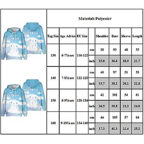 6-10 År Piger Kawaii Cinnamoroll Casual Hoodie Sød Tegneserie Anime 3D Trykt Sweatshirt Trøje Jumper Hættetrøje Tops(9-10 År)