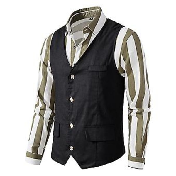 Retro Herrar Solid V-ringad Casual Enkelknäppt Kostymväst Business Formal Kontorsväst Med Fickor (L Svart)