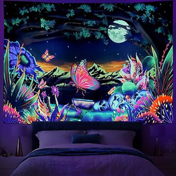 Svartljus Skog Gobeläng Trippig Blommig Växter Gobeläng UV-Reaktiv Fjäril Skalle Gobeläng Fantasy Måne Stjärnor Berg Natur Gobeläng Väggbonad