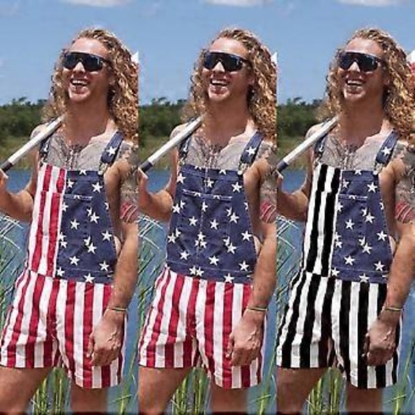 Amerikanska Flaggan Overaller Denim Bib Shorts Justerbara Remmar Jeans Shorts Rompers med Fickor (XL Röd)
