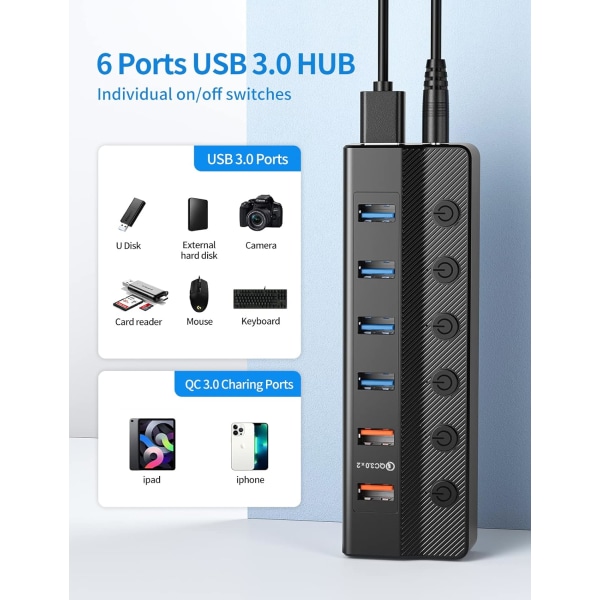 Powered USB 3.0 Hub, 6 Port USB Hub (4 USB 3.0 dataportar och 2 Q