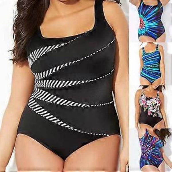 Dame Sommer Plus Størrelse Push Up Badedrakt Stripete Trykt Bodycon Badebekledning Ett Stykke Badedrakter (4XL svart)