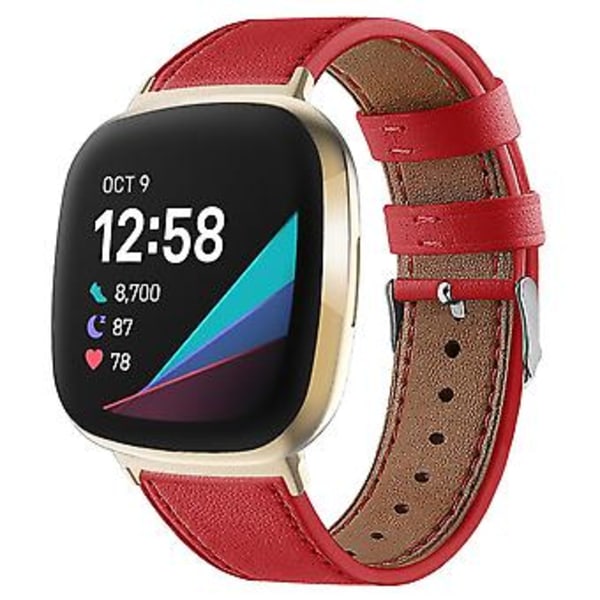 For Fitbit Versa 3 smartklokke klassisk dobbeltsidig førstelags ku-skinn lærrem for Fitbit Versa 3 / for Fitbit Sense band For Fitbit Sense Rød