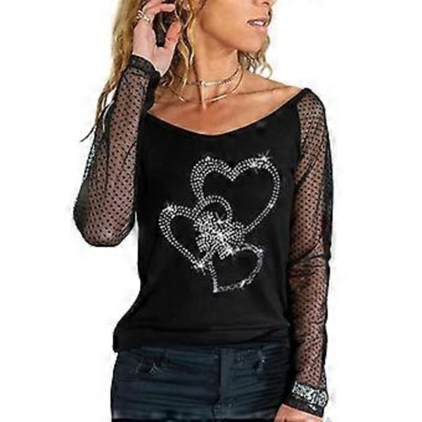 Kvinner Mesh Langærmet Skjorte Casual Rundhals Sheer Mesh Polka Dot Bluser Topper (3XL farge 01)