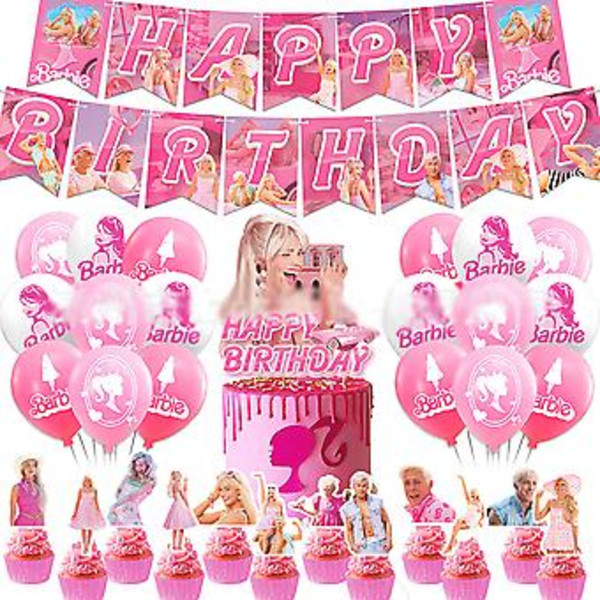 Barbie-födelsedagsfestdekorationer 2023 Rosa tema Festtillbehör Inkluderar Grattis på födelsedagen-banderoll Ballonger Tårta & Muffins Toppers ( )