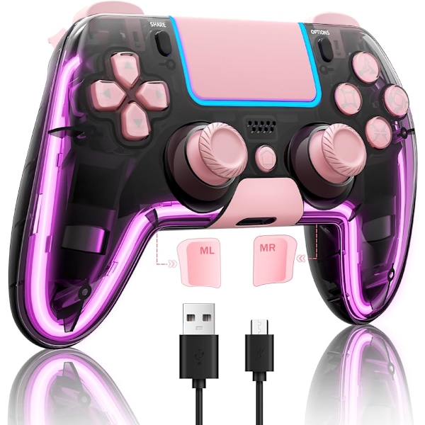 Trådlös handkontroll för PS4 med Hall 3D-joysticks/RGB LED-lampor/programmeringsfunktion, rosa PS4-handkontroll