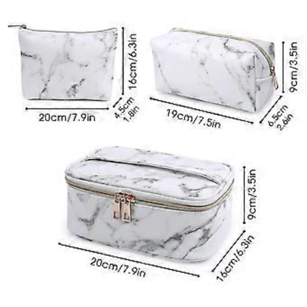 3 Stykker Makeup Taske Toilet Taske Bærbar Kosmetikpung Rejse Organizer Vandafvisende til Kvinder Marmor (Hvid)