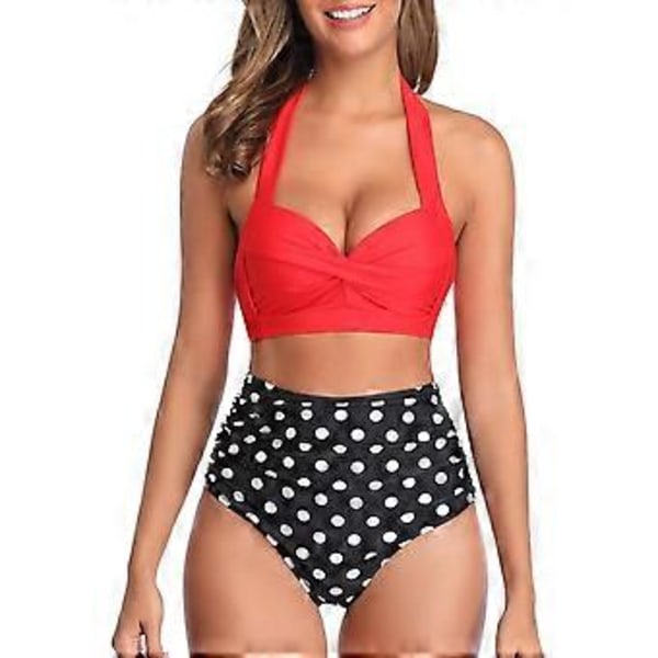 Dam Vintage Kollektion Bikini Baddräkt Rysch Hög Midja Tvådelat Set med Snörning Rysch Bikini Byxor Par med 3/4 Baddräkt (Large Red Dot)
