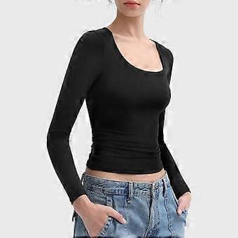 Dam Underdel Toppar Scoop Hals Långärmad Slim Fit Pullover Toppar Enfärgad Hög (M röd)