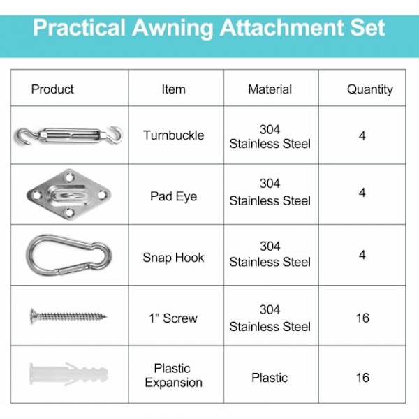 Feste for skyggeseil, 304 rustfritt stål feste for skyggeseil,