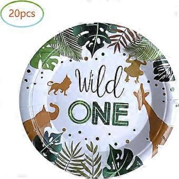 Wild One -synttärikoristeet, 20 lautasta ja 20 serviettiä, Djungel Wild One -teemainen synttärijuhlan koriste pojille