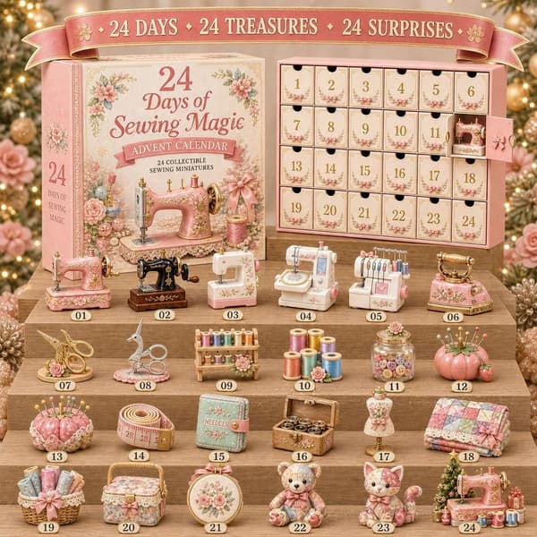 Retro Sy-tema 24-rums Julekalender Blind Box Søde Blomster Sy-tilbehør Akryl Nøglering Jule-nedtælling Samlerobjekt Gave