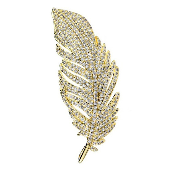 Guld Rhinestone Fjäder Broscher Pin för Kvinnor Män Mode Kristall Delikat Blad Brosch Kavajslag Stift Elegant Klänning Accesso