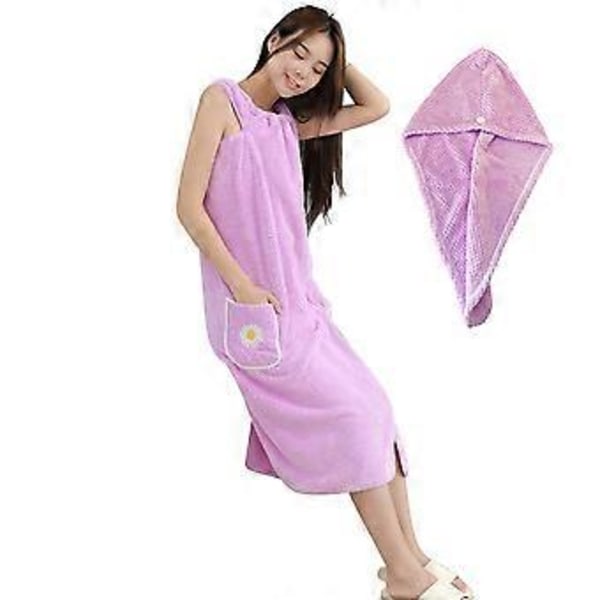 Mjuk Spa-badkroppsinpackningsset för kvinnor med handduk, badrock och snabb torkande hårtorkhuva! (L Lila)